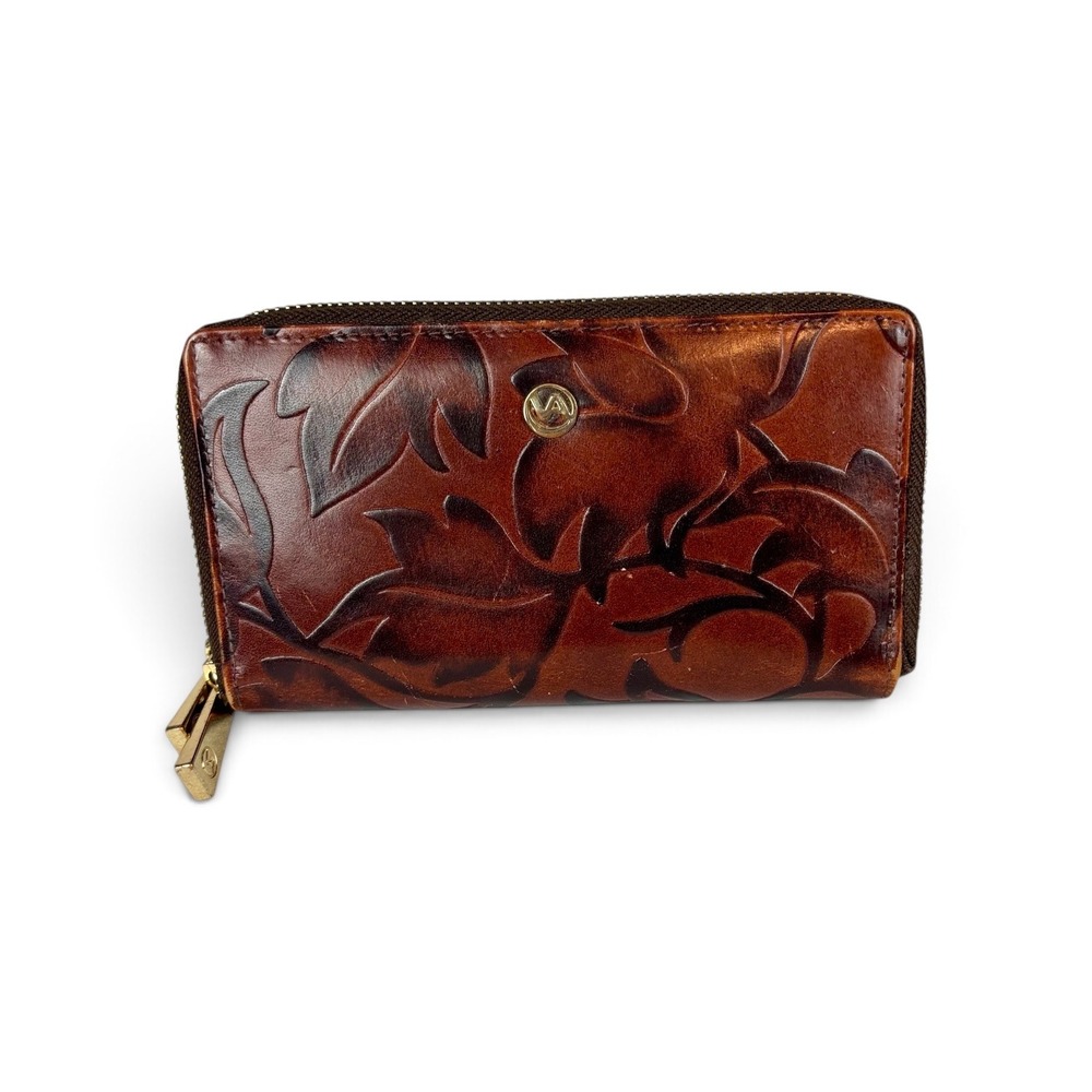 Valentina Italian Leather Double Zip Wallet Embossed Leaf Brown Mahogany
